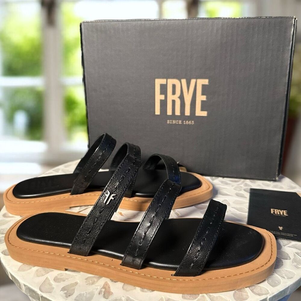 Frye Faye Leather Strappy Slide Sandals Black Flat Women’s Size 6.5 NIB
